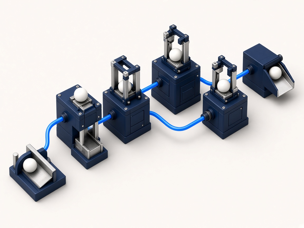Sistema tridimensional de módulos conectados por uma linha azul de automação